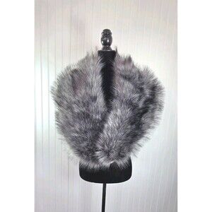 Surell Faux Silver Gray Fox Fur Stole Wrap Long Hair Acrylic Faux Leather Trim